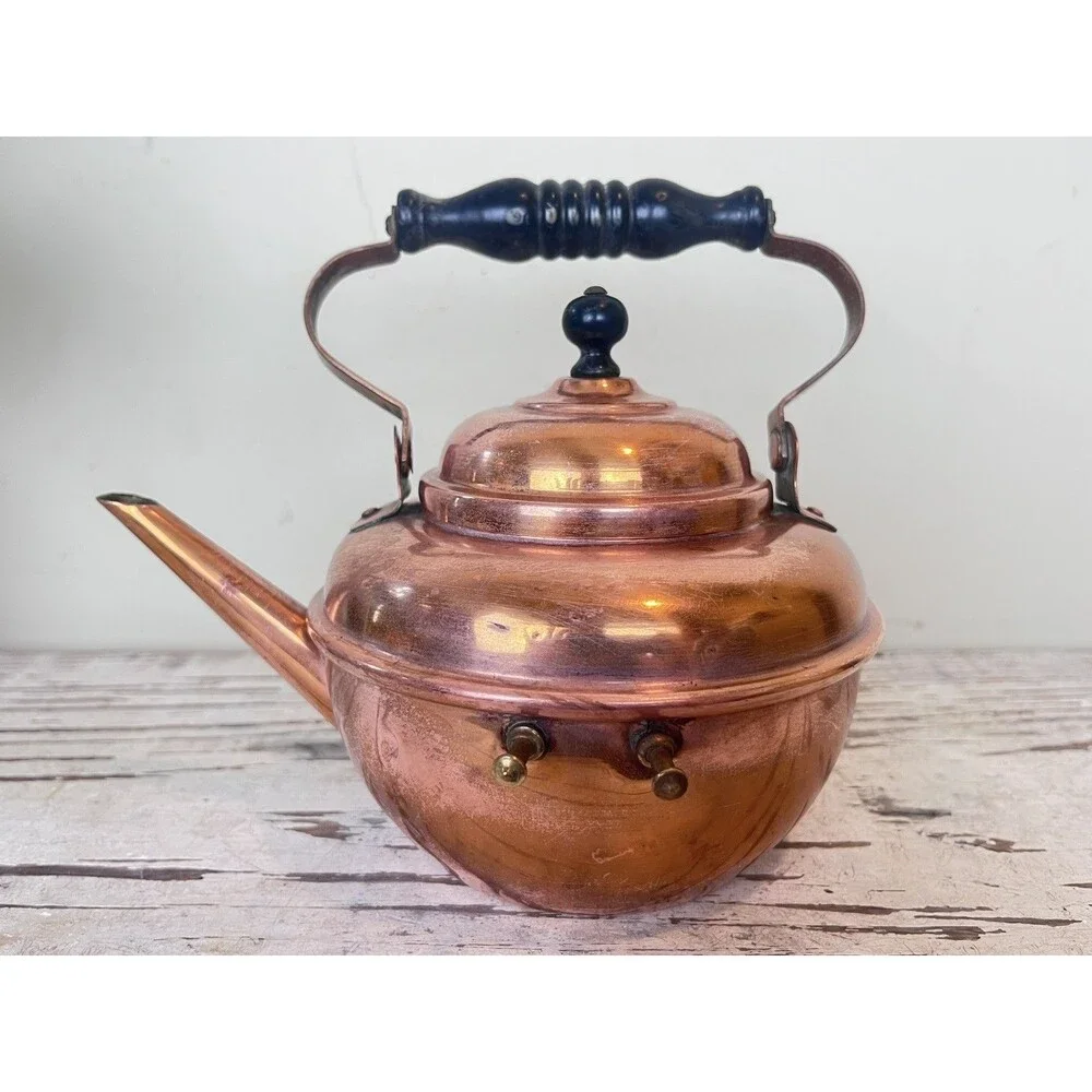 Vintage Small Copper Tea Kettle With Wood Handle Cottage Core 8” x 6” Country